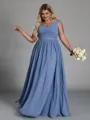 Stunning A-line V-Neck Pleated Floor-Length Chiffon Plus Size Bridesmaid Dress