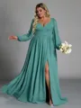 Fashion-forward A-line V-Neck Long Sleeves Pleated Floor-Length Chiffon Plus Size Bridesmaid Dress