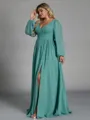 Fashion-forward A-line V-Neck Long Sleeves Pleated Floor-Length Chiffon Plus Size Bridesmaid Dress