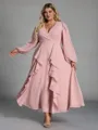 Delicate A-line V-Neck Long Sleeves Ruffles Tea-Length Chiffon Corset Plus Size Bridesmaid Dress