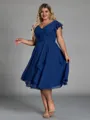 Show-stopping A-line V-Neck Short Sleeves Pleated Knee-Length Chiffon Corset Plus Size Bridesmaid Dress