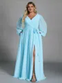 Elegant A-line V-Neck Long Sleeves Sash/Ribbon/Belt Floor-Length Chiffon Plus Size Bridesmaid Dress
