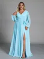 Elegant A-line V-Neck Long Sleeves Sash/Ribbon/Belt Floor-Length Chiffon Plus Size Bridesmaid Dress