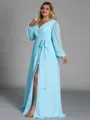 Elegant A-line V-Neck Long Sleeves Sash/Ribbon/Belt Floor-Length Chiffon Plus Size Bridesmaid Dress