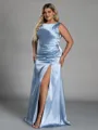 Aristocratic Sheath Scoop Pleated Floor-Length Silk Like Satin Corset Plus Size Bridesmaid Dress