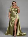 Elegant Sheath Off-the-Shoulder Pleated Court Train Silk Like Satin Corset Plus Size Bridesmaid Dress