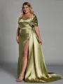 Elegant Sheath Off-the-Shoulder Pleated Court Train Silk Like Satin Corset Plus Size Bridesmaid Dress