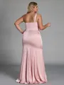 Unique Sheath One-Shoulder Pleated Floor-Length NS Elastic Woven Satin Corset Plus Size Bridesmaid Dress