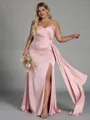 Unique Sheath One-Shoulder Pleated Floor-Length NS Elastic Woven Satin Corset Plus Size Bridesmaid Dress