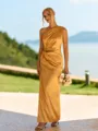 Exquisite Sheath One-Shoulder Pleated Ankle-Length Silk Like Satin Bridesmaid Dress