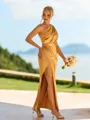 Exquisite Sheath One-Shoulder Pleated Ankle-Length Silk Like Satin Bridesmaid Dress