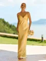 Stunning Sheath V-Neck Pleated Floor-Length Silk Like Satin Bridesmaid Dress