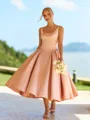 Enchanting A-line Square Tea-Length Satin Corset Bridesmaid Dress