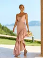 Gorgeous Sheath Spaghetti Straps Ruffles Floor-Length Silk Like Satin Corset Bridesmaid Dress