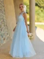 Splendiferous A-line One-Shoulder Pleated Floor-Length Tulle Corset Bridesmaid Dress