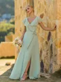 Stunning A-line V-Neck Short Sleeves Sash/Ribbon/Belt Floor-Length Chiffon Bridesmaid Dress