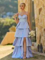 Glamorous A-line Spaghetti Straps Cascading Ruffles Floor-Length Charmeuse Corset Bridesmaid Dress