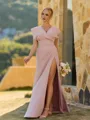 Perfect Sheath V-Neck Short Sleeves Pleated Floor-Length Stretch Crepe Bridesmaid Dress