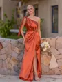 Grand Sheath One-Shoulder Pleated Floor-Length Silk Like Satin Corset Bridesmaid Dress