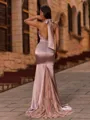 Fashion Sheath Halter Beading Sweep Train Silk Like Satin Corset Bridesmaid Dress
