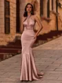 Fashion Sheath Halter Beading Sweep Train Silk Like Satin Corset Bridesmaid Dress