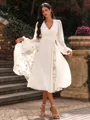 Breathtaking A-line V-neck Long Sleeves Pleated Tea-Length Chiffon Wedding Guest Dress