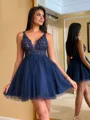 Perfect A-line V-Neck Appliques Lace Short/Mini Tulle Homecoming Dress