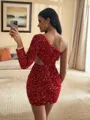 Charming Sheath One-Shoulder Long Sleeves Short/Mini Velvet Sequins Homecoming Dress