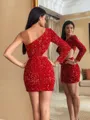 Charming Sheath One-Shoulder Long Sleeves Short/Mini Velvet Sequins Homecoming Dress
