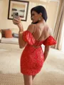 Gorgeous Sheath Spaghetti Straps Short Sleeves Sequin Short/Mini Lace Corset Convertible Homecoming Dress