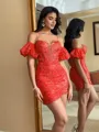 Gorgeous Sheath Spaghetti Straps Short Sleeves Sequin Short/Mini Lace Corset Convertible Homecoming Dress
