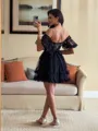 Splendid A-line Off-the-Shoulder Short Sleeves Ruffles Short/Mini Tulle Corset Homecoming Dress
