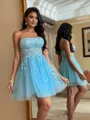 Captivating A-line Strapless Appliques Lace Short/Mini Tulle Corset Homecoming Dress
