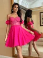 Hot A-line Sweetheart Short Sleeves Appliques Lace Short/Mini 30D Chiffon Corset Convertible Homecoming Dress
