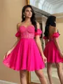 Hot A-line Sweetheart Short Sleeves Appliques Lace Short/Mini 30D Chiffon Corset Convertible Homecoming Dress