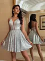 Grand A-line V-Neck Sash/Ribbon/Belt Short/Mini Sequins Homecoming Dress