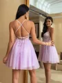 Trendy A-line V-Neck Appliques Lace Short/Mini Tulle Corset Homecoming Dress