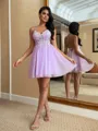 Trendy A-line V-Neck Appliques Lace Short/Mini Tulle Corset Homecoming Dress