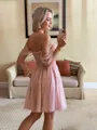 Striking A-line Off-the-Shoulder Corset Sequin Short/Mini Homecoming Dress