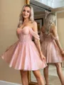 Striking A-line Off-the-Shoulder Corset Sequin Short/Mini Homecoming Dress