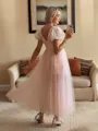 Glamorous A-line V-Neck Short Sleeves Pleated Tea-Length Tulle Homecoming Dress