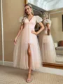 Glamorous A-line V-Neck Short Sleeves Pleated Tea-Length Tulle Homecoming Dress