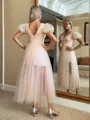 Glamorous A-line V-Neck Short Sleeves Pleated Tea-Length Tulle Homecoming Dress