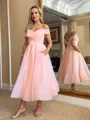 Pretty A-line Off-the-Shoulder Pleated Tea-Length Organza Homecoming Dress