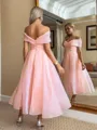 Pretty A-line Off-the-Shoulder Pleated Tea-Length Organza Homecoming Dress