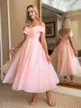 Pretty A-line Off-the-Shoulder Pleated Tea-Length Organza Homecoming Dress