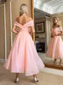 Pretty A-line Off-the-Shoulder Pleated Tea-Length Organza Homecoming Dress