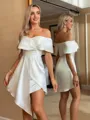 Unique Sheath Off-the-Shoulder Ruffles Short/Mini Silk Like Satin Homecoming Dress