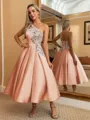 Perfect Ball-Gown One-Shoulder Flower Tea-Length Satin Homecoming Dress
