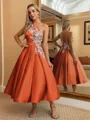 Perfect Ball-Gown One-Shoulder Flower Tea-Length Satin Homecoming Dress